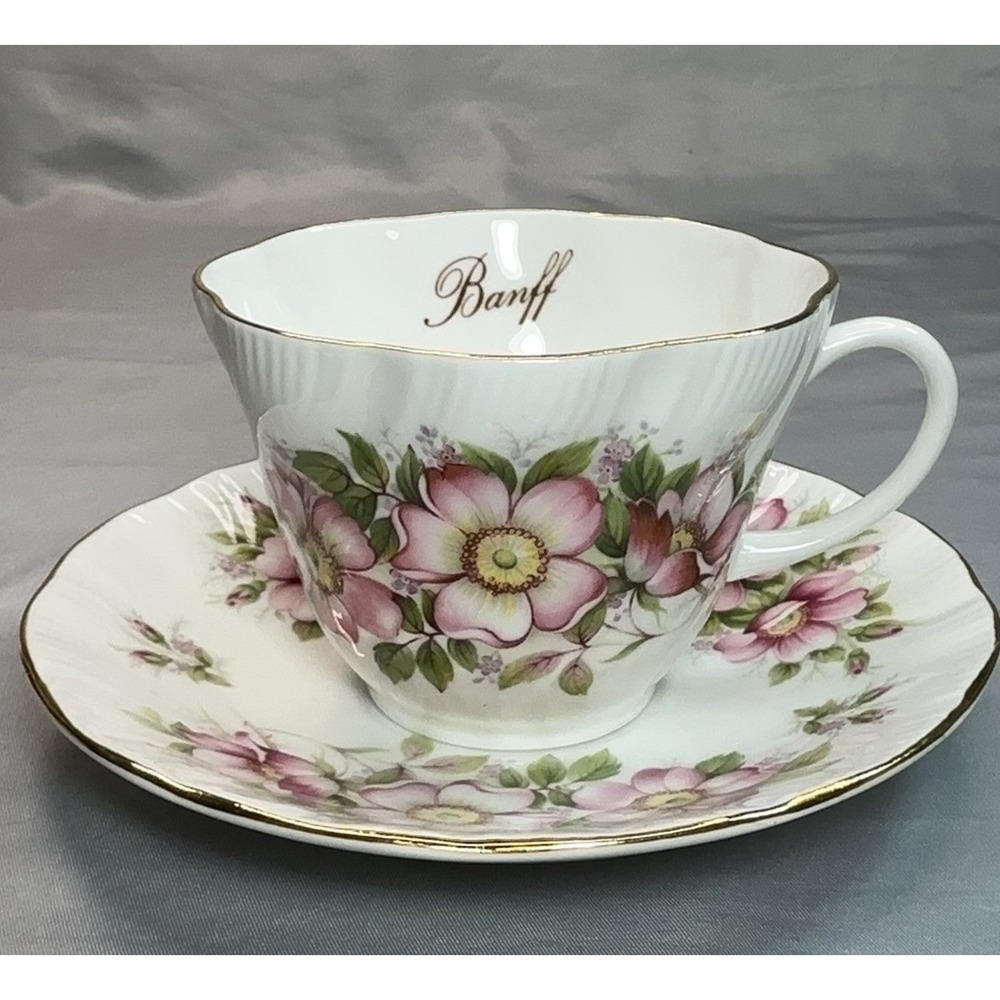 Queen's Prairie Rose‎ Tea Cup and Saucer Banff Alberta England Bone China
